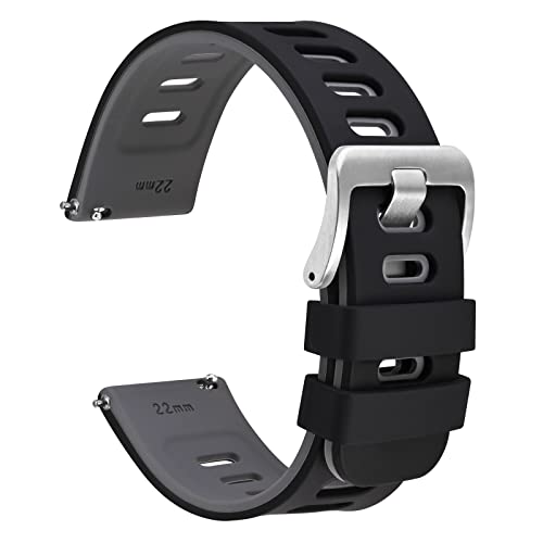 [WOCCI]時計ベルト 21mm シリコンラバー腕時計バンド Quick Release バイカラー ゴム替えベルト ブラック/グレー シルバーバックル